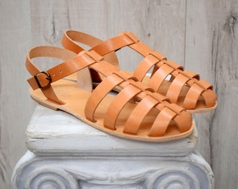 Men’s Greek Leather Fisherman Sandals – Handmade Natural Tan Sandals with Buckle Strap