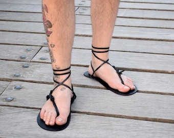 Men's Black Leather Barefoot Sandals, Handmade Sparta Design