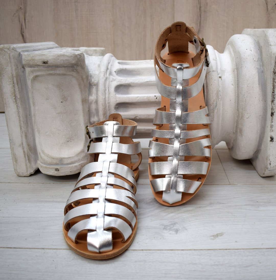 Sandalias Griegas Huaraches Espartanos Sandalias Plateadas Estilo