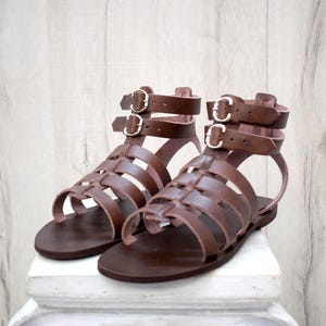 Handmade Men’s Leather Gladiator Sandals – Greek Brown Strappy Sandals with Double Buckle