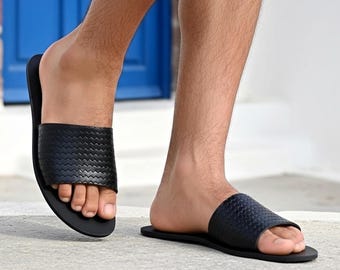 Men’s Grounding Leather Sandals – Handmade Zero Drop Barefoot Slides | Greek Leather Summer Sandals for Comfort & Balance