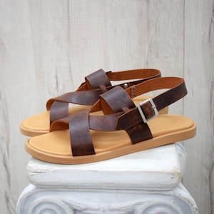 Men’s Brown Leather Sandals – Handmade Greek Sandals in Crazy Horse Leather with Cross-Strap Design