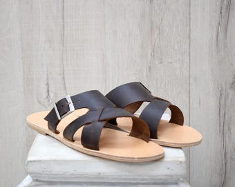 Men’s Greek Leather Sandals – Handmade Cross-Strap Slides, Ideal Gift for Him