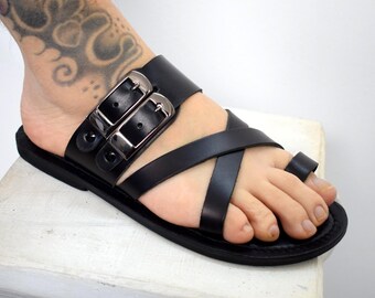 Leather sandals - slipers Men, Thongs BLACK Color, leather sole - insole