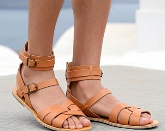 Men’s Greek Leather Gladiator Sandals – Handmade Natural Tan Sandals with Double Ankle Straps