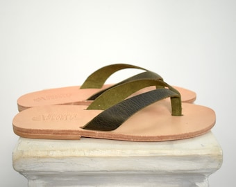 Men's Flip flops - Thongs leather sandals Olive Color, leather sole - insole