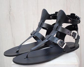 Men's Handmade Greek Leather Gladiator Sandals - Black Toe Ring, Buckled Straps