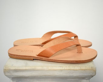 Flip flop, Thongs Greek Leather sandals women, Natural Tan Color, Handmade Sparta High Quality Genuine Leather sandals,