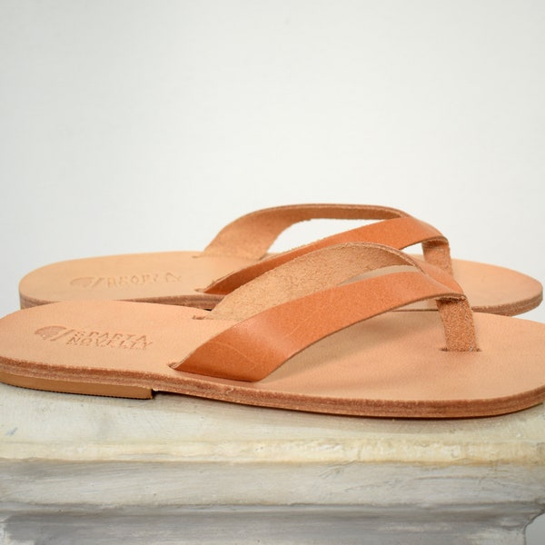 Flip flop, Thongs Griekse lederen sandalen dames, natuurlijke bruine kleur, handgemaakte Sparta hoge kwaliteit lederen sandalen,