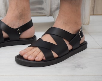 Men’s Black Leather Gladiator Sandals – Handmade Greek Sandals with Adjustable Strap