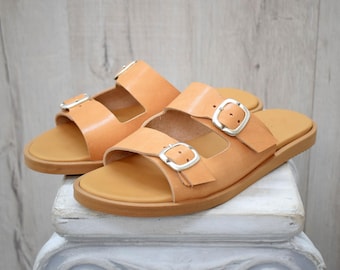 Men’s Leather Slide Sandals – Handmade Double Strap Buckle Sandals, Greek Summer Sandals