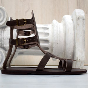 May include: A brown leather gladiator sandal with multiple straps and brass buckles. The sandal has a flat sole and is designed with an open toe. The background features a white architectural column.