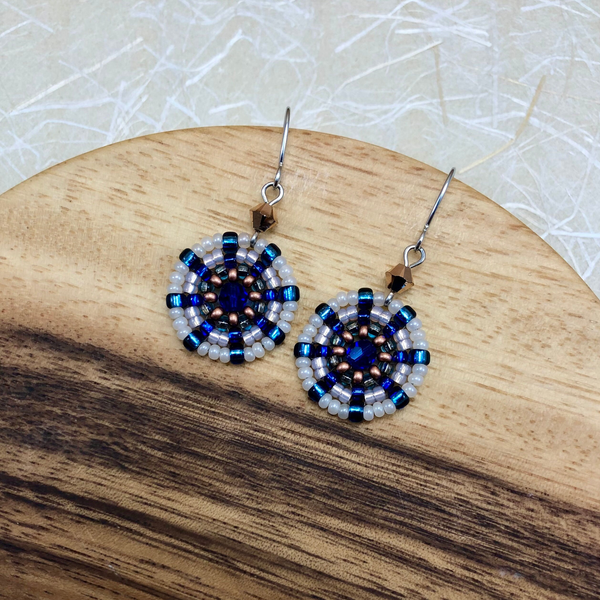 Large Round Hand Woven Mandala Beaded Circle Earrings in Cream, Capri & Aqua Blue, Classic Bohemian Jewellery, Original Unique Handmade Gift