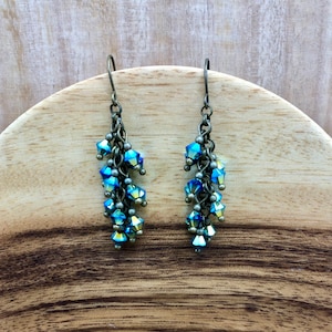 Hand Made Spiral Cascade Dangle Cluster Earrings with Swarovski Crystal in Royal, Jade and Gold - Unique Original Classic Handmade Gift