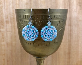 Large Round Hand Woven Mandala Beaded Circle Earrings in frosty Winter Blue, Classic Bohemian Jewellery, Original Unique Handmade Gift