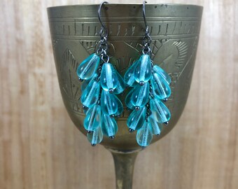 Hand Made Spiral Fancy Cluster Cascade Beaded Dangle Earrings in Aqua Sea Green, Bohemian Statement Jewellery, Original Unique Handmade Gift