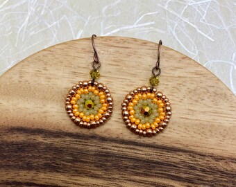 Large Round Hand Woven Mandala Beaded Circle Earrings in festive Metallic Pumpkin, Classic Bohemian Jewellery, Original Unique Handmade Gift
