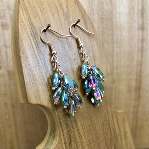 Hand Made Spiral Fancy Cluster Cascade Beaded Dangle Earrings in Peacock Rose, Bohemian Statement Jewellery, Original Unique Handmade Gift