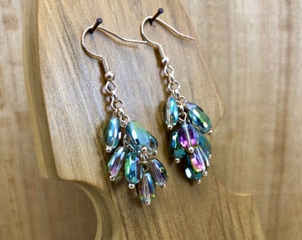 Hand Made Spiral Fancy Cluster Cascade Beaded Dangle Earrings in Peacock Rose, Bohemian Statement Jewellery, Original Unique Handmade Gift