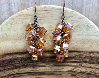 Hand Made Spiral Fancy Cluster Cascade Beaded Dangle Earrings in Rose and Topaz, Bohemian Statement Jewellery, Original Unique Handmade Gift