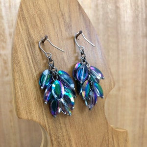 May include: A pair of dangle earrings with iridescent blue and purple crystal beads hanging from silver hooks.