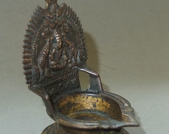Old Bronze Hindu Oil Lamp with Gaya Laxmi Consort of Vishnu from Nepal, Hindu Deity Goddess Offering Stand, Nepali Art, FREE SHIPPING