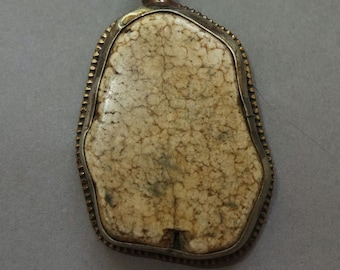 Large Beige Handmade Jasper Pendant with Metal Mounting from Nepal, Mounted Stone Pendant, Amulet, Folk Jewelry, FREE SHIPPING