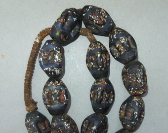 Chunky Necklace with Handmade Black Speckled Glass Beads from Nepal, Oval Folk Beads, FREE SHIPPING