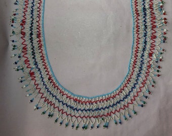 Old Multi-Strand Necklace with Small Red Blue White Glass Beads, Ethnic Necklace, Asian Design, FREE SHIPPING