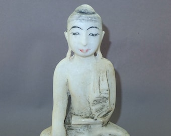 Old Sitting Alabaster Buddha Statue from Burma, Mandalay Buddha Sculpture on Lotus Base, Buddhist Folk Tribal Burmese Art, FREE SHIPPING