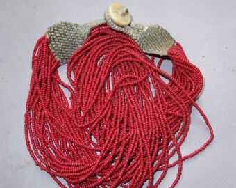 Oude multi strand ketting met 24 strengen rode kleine glaskralen, folk ketting, Aziatisch ontwerp, gratis verzending