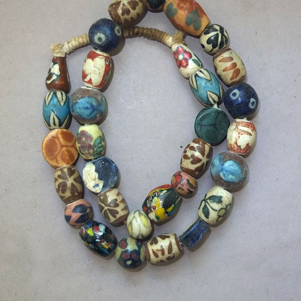 Folk Necklace with Handmade Ceramic Beads from Nepal, Tribal Jewelry, Asian Beads Art, FREE SHIPPING