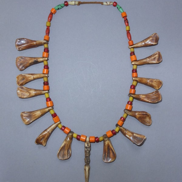 NAGA Necklace with Glass Beads Ox Teeth Pendants and Phurbu Shaped Bone Pendant, Tribal Jewelry, Ethnic Beads, FREE SHIPPING