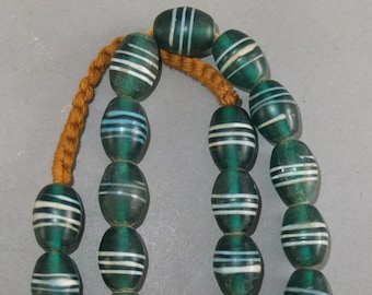 Beaded Necklace with Used Green and White Striped Transparent Glass Beads from Nepal, Folk Design, FREE SHIPPING