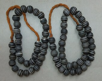 Two Necklaces Strands Old Used Oval Black White Striped Glass Beads from Nepal FREE SHIPPING Handmade Beads for Jewelry Making