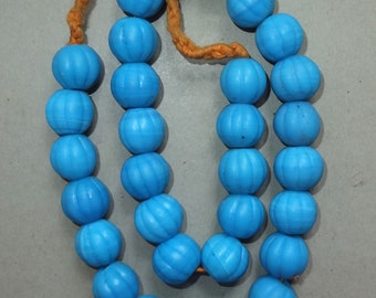 Melon Shaped Ethnic Beads FREE SHIPPING Himalaya Jewelry Heavy Folk Necklace with Handmade Used Blue Grooved Glass Beads from Nepal