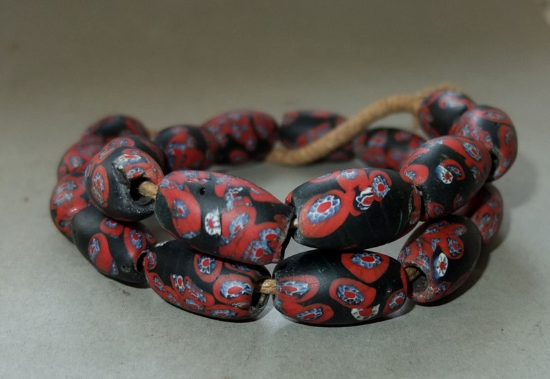 Nepali Folk Beads Nepalese Necklace with Oval Red Black Blue White Fused Glass Beads FREE SHIPPING Beads with Floral Design