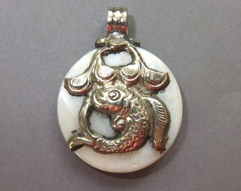 Metal Mounted Shell Pendant, Fish Lotus Decoration, Tribal Asian Jewelry