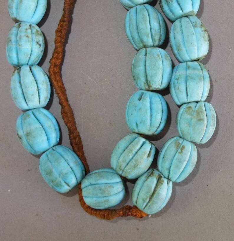 Melon Shaped Ethnic Beads FREE SHIPPING Himalaya Jewelry Heavy Folk Necklace with Handmade Used Blue Grooved Glass Beads from Nepal