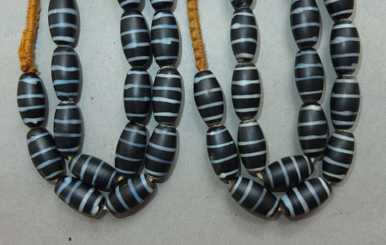 Two Necklaces Strands Old Used Oval Black White Striped Glass Beads from Nepal FREE SHIPPING Handmade Beads for Jewelry Making