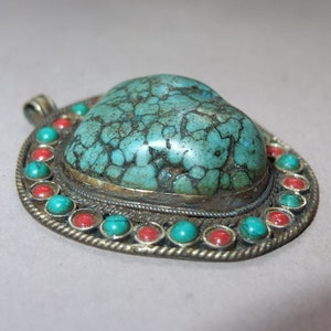 Large Old Handmade Metal Mounted Turquoise Pendant Decorated with Glass Beads from Nepal, Stone Amulet, Folk Jewelry, FREE SHIPPING image 2