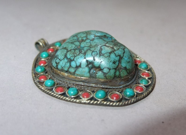 Large Old Handmade Metal Mounted Turquoise Pendant Decorated with Glass Beads from Nepal, Stone Amulet, Folk Jewelry, FREE SHIPPING image 2