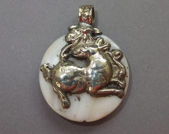 Metal Mounted Shell Pendant, Horse Lotus Decoration, Tribal Asian Jewelry