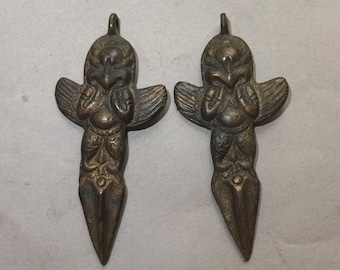 Two Buddhist Brass Protector Amulets Pendants Khyung Garuda from Nepal, Ethnic Folk Jewelry, FREE SHIPPING
