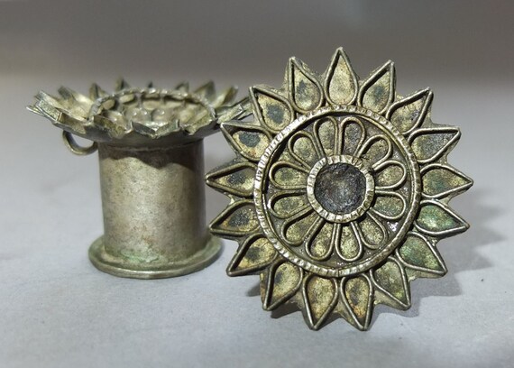 Pair Old Traditional Metal Earrings from Nepal, E… - image 1