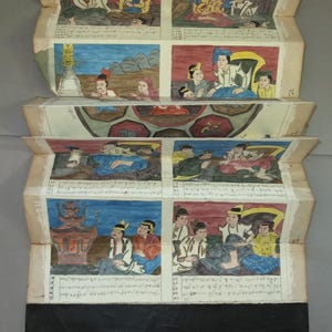 Old Burmese Fanfold Parabaik Book, Illustrated Manuscript, Buddhist Prayer Book, Religious Art Burma, FREE SHIPPING