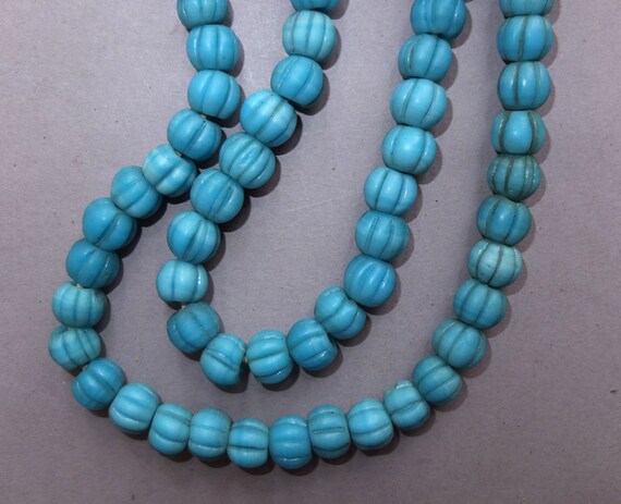 Strand with Light Blue Melon Shaped Glass Beads f… - image 5
