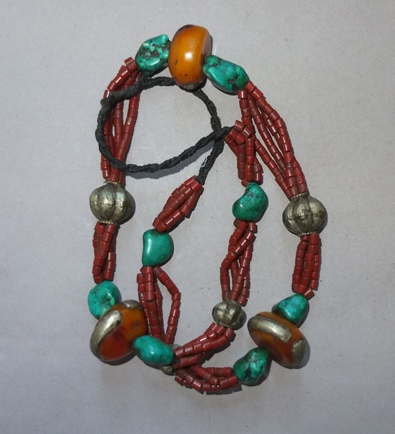 Necklace with Handmade Metal Turquoise Small Red … - image 1