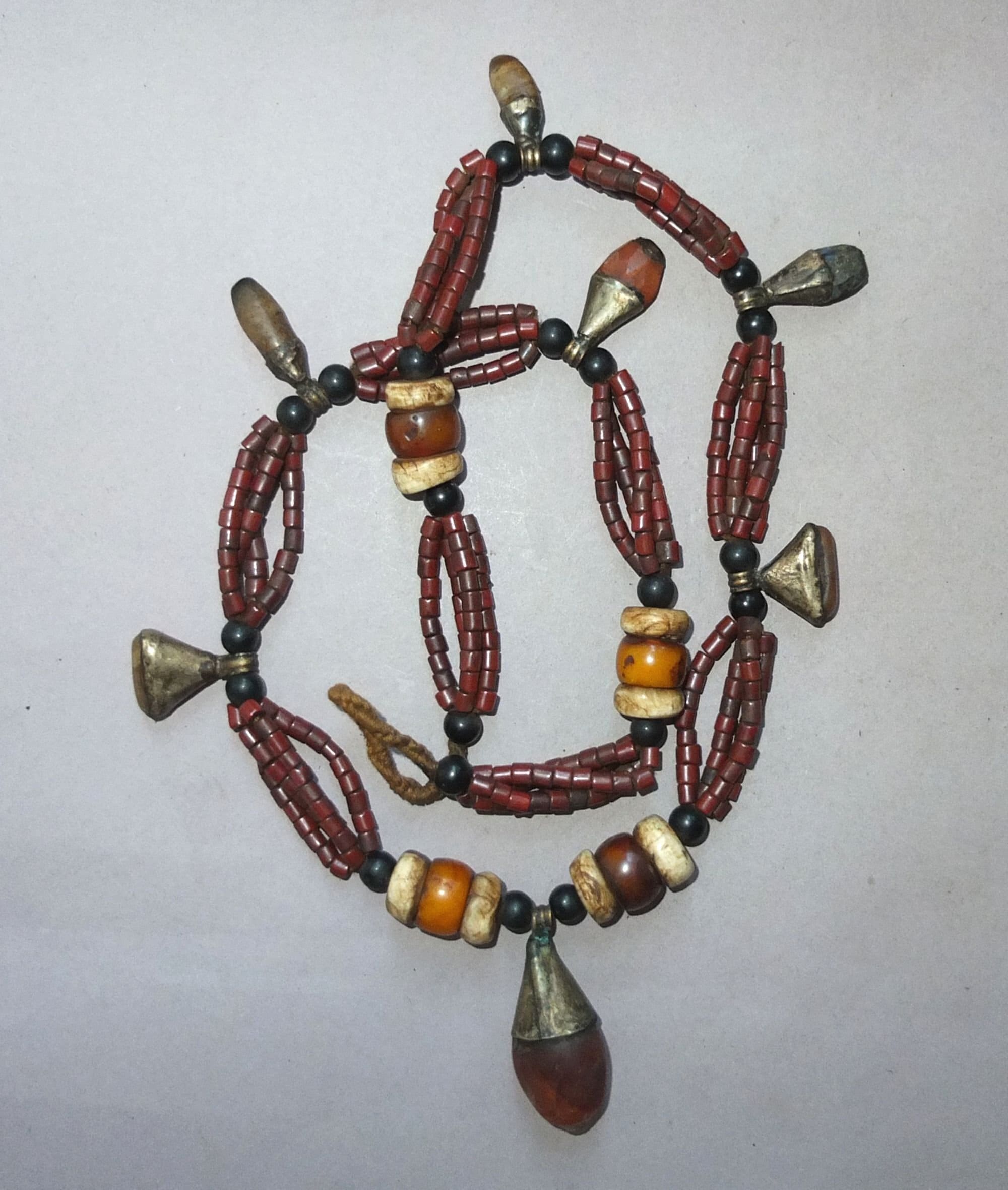 Necklace with Handmade Metal Turquoise Small Red Glass Beads, Metal Mounted Natural Resin Bead from Nepal, FREE SHIPPING