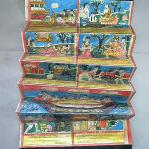 Old Burmese Fanfold Parabaik Book, Illustrated Manuscript, Buddhist Prayer Book, Religious Art Burma, FREE SHIPPING
